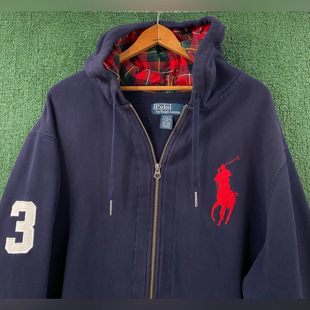 VTG Y2K Polo Ralph Lauren Big Pony Navy Plaid Lined Full Zip Hoodie Mens Sz 2XL